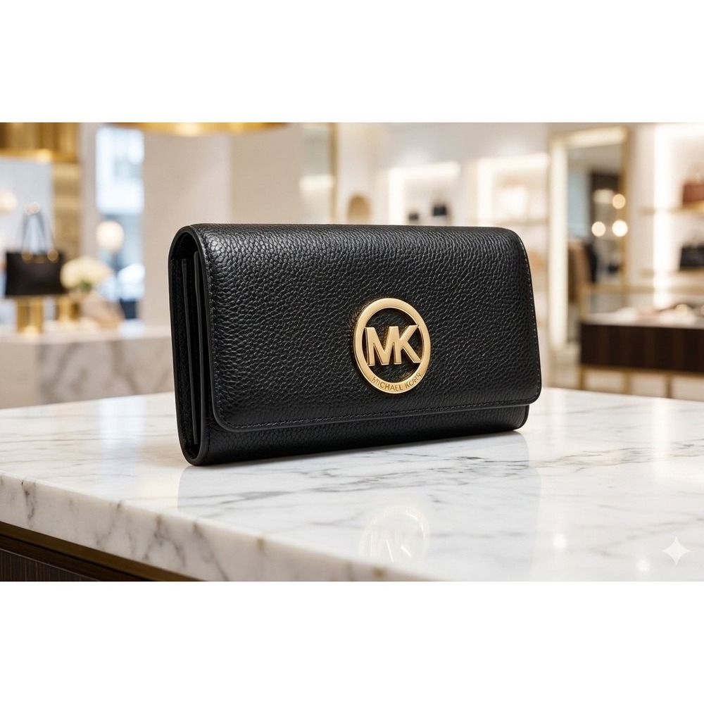 Michael Kors Fulton Flap Black Pebbled Leather Continental Wallet Gold Logo